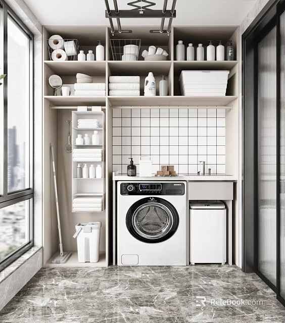 Home Balcony With White Storage Shelves Towels Toiletries Washing Machine Dryer And Tiled Wall 3d model 