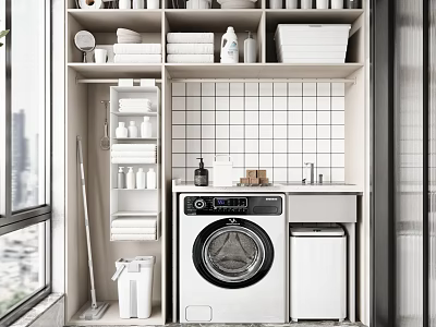 Home Balcony With White Storage Shelves Towels Toiletries Washing Machine Dryer And Tiled Wall 3d model