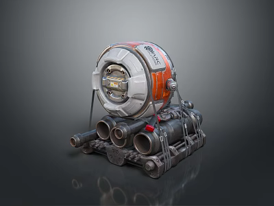 Industrial Sci Fi Mechanical Device With Orange Gray Casing Circular Panel And Multiple Pipes 3d model