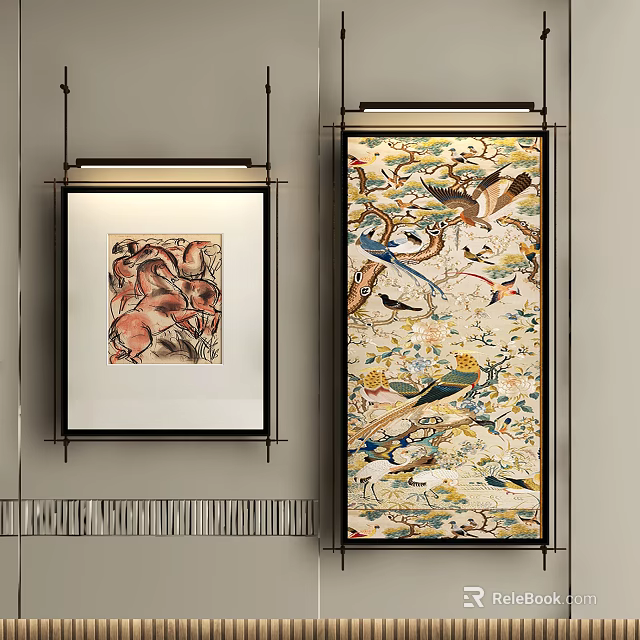Abstract Paintings On Wall With Framed Artwork Featuring Birds Animals And Floral Patterns 3d model 