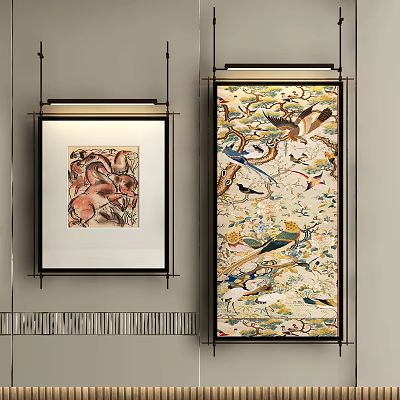 Abstract Paintings On Wall With Framed Artwork Featuring Birds Animals And Floral Patterns 3d model