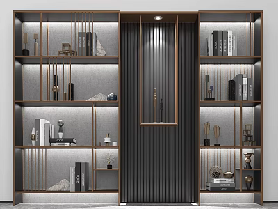 Elegant Modern Decorative Cabinet With Layered Wooden Shelves Metal Frame And Displayed Ornaments 3d model