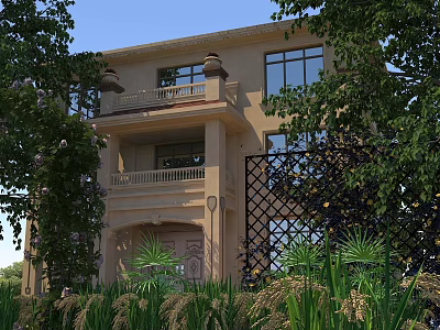 Scenic View Of Two Story Beige Building With Balcony Large Windows And Greenery 3d model