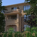 Scenic View Of Two Story Beige Building With Balcony Large Windows And Greenery