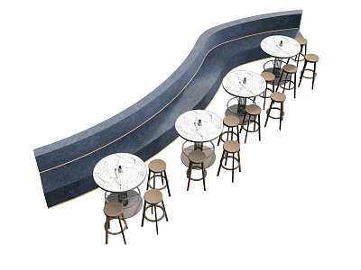 Deep Blue Curved Sectional Sofa with Round White Tables and Brown Bar Stools 3d model
