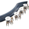 Deep Blue Curved Sectional Sofa with Round White Tables and Brown Bar Stools