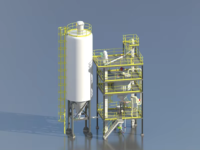 Industrial Equipment Structure Featuring White Storage Tank Yellow Metal Framework Platforms And Staircases 3d model