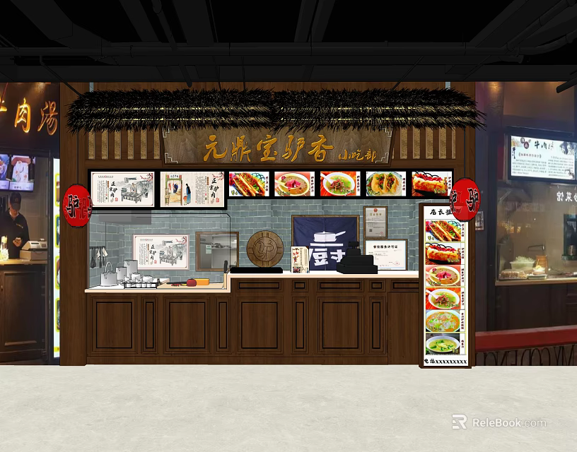 Japanese Barbecue Shop In Mall With Food Displays Wooden Counter And Menu Boards 3d model 