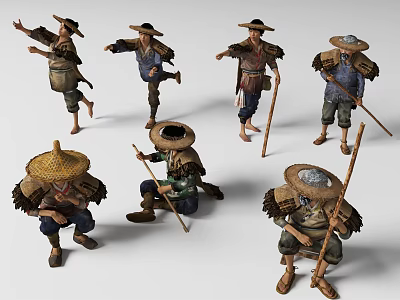 Traditional Farmer Characters Wearing Straw Hats And Holding Tools In Various Poses 3d model