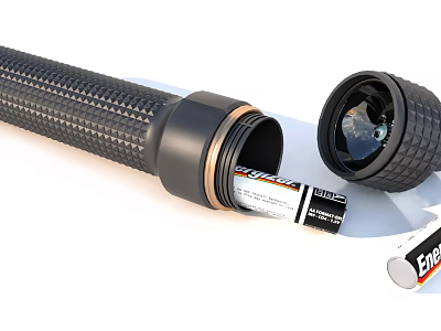 Open Black Flashlight With Battery Inside And Extra Battery On Side 3d model