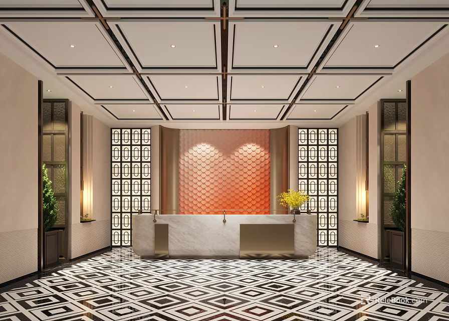 Modern Chinese Hotel Lobby Interior With Reception Desk Geometric Floor And Grille Windows 3d model 
