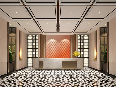 Modern Chinese Hotel Lobby Interior With Reception Desk Geometric Floor And Grille Windows 3d model