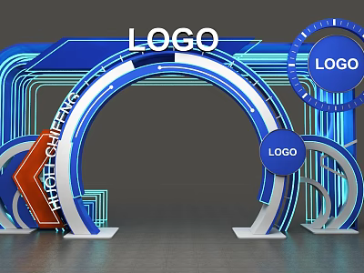 Modern Tech Style Event Entrance With Blue Neon Lines And Multiple Logo Displays 3d model