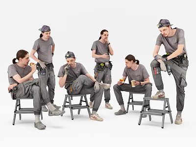 Group of Construction Workers Resting on Stools in Gray Uniforms and Caps 3d model