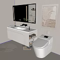 Modern Bathroom Vanity With White Countertop LED Lighting Mirror Open Shelves And Green Plant