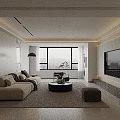 Modern Living Dining Room With Beige Sofa Black Coffee Table Large Window TV And Plants