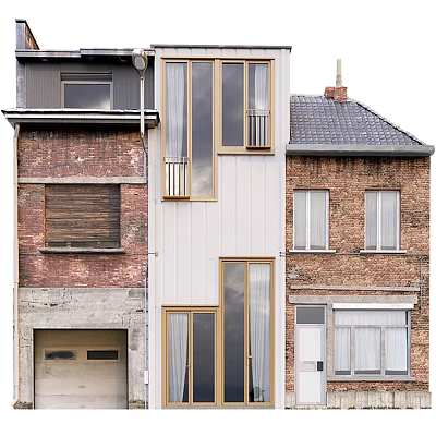 Terraced Residential Building Featuring Red Brick White Facade Large Glass Windows And Golden Frames 3d model