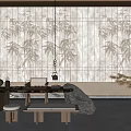 Traditional Tea House Interior With Bamboo Patterned Screens Stone Table And Tea Sets 3d model