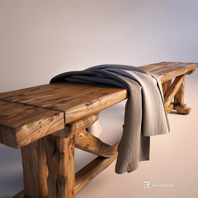 Rustic Public Wooden Bench With Gray And Beige Blanket Draped Over 3d model