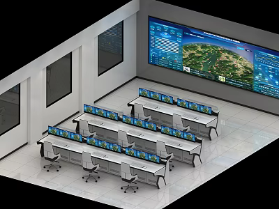 Modern Control Room With Large Display Screen Multiple Monitoring Monitors And Control Desks 3d model