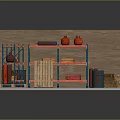 Multi Tier Metal Storage Shelves in Warehouse Corner Organizing Red Jars Wooden Boxes and Barrels