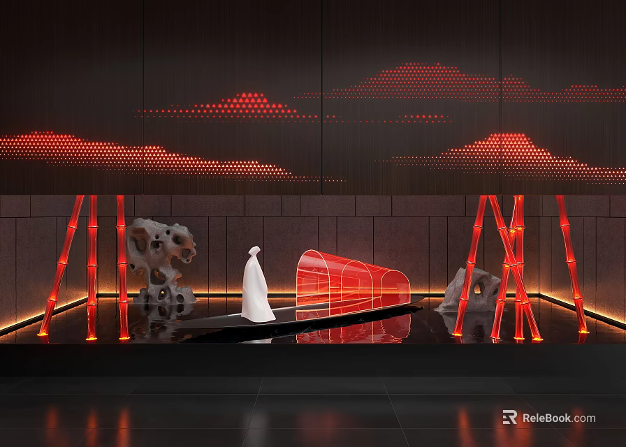 Modern Indoor Landscape Design Featuring Red Lighting Mountain Pattern Water Sculpture And Sleek Floor 3d model 