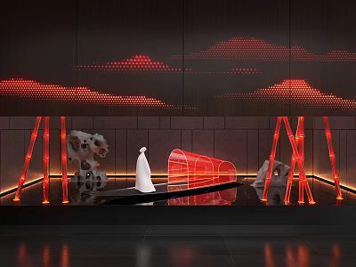 Modern Indoor Landscape Design Featuring Red Lighting Mountain Pattern Water Sculpture And Sleek Floor 3d model