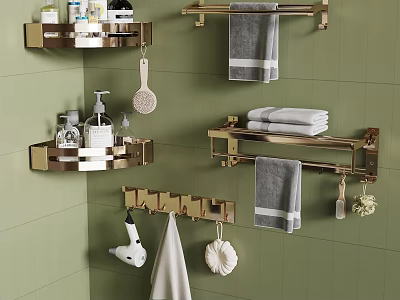 Brass Bathroom Accessories With Corner Shelves Towel Racks And Green Tiled Wall 3d model