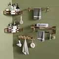 Brass Bathroom Accessories With Corner Shelves Towel Racks And Green Tiled Wall