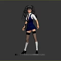Female Character Model Wearing Blue Uniform White Shirt Red Tie And Pigtails On Gray Base