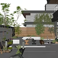 Modern Courtyard Garden Featuring Plants Seating Fire Pit Lighting Wooden Screen And Concrete Paving