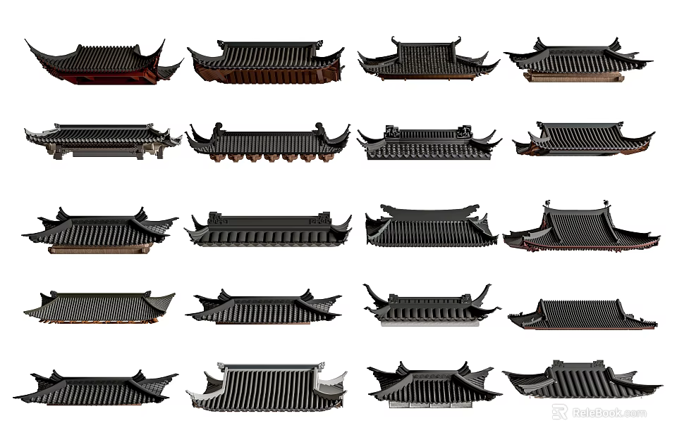Chinese Traditional Roof Components with Various Styles Eave Designs And Tile Structures 3d model 