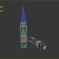 Metallic Bullet with Blue Sharp Tip and Detached Cartridge Case on Dark Reflective Surface