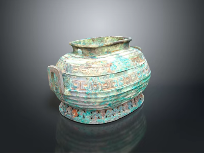 Ancient Bronze Vessel Sculpture With Intricate Carved Patterns And Dual Handles 3d model