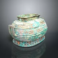 Ancient Bronze Vessel Sculpture With Intricate Carved Patterns And Dual Handles