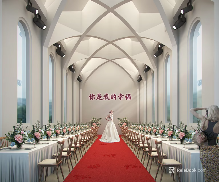 Religious Faith Inspired Church Interior With Arched Ceiling Large Windows And Sacred Flower Arrangements 3d model 