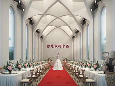 Religious Faith Inspired Church Interior With Arched Ceiling Large Windows And Sacred Flower Arrangements 3d model