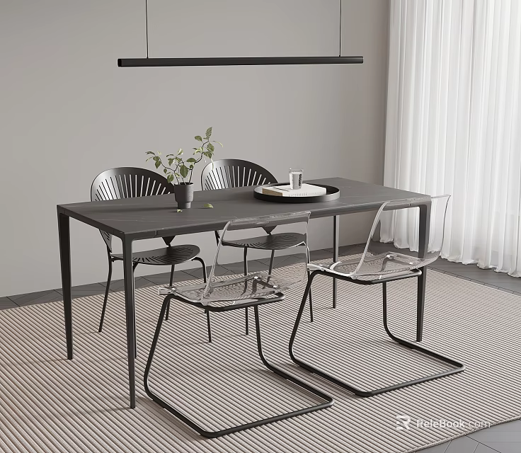 Modern Black Dining Table Set With Metal Chairs Transparent Seats Vase And Hanging Light 3d model 