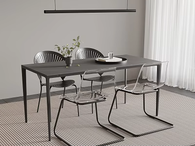 Modern Black Dining Table Set With Metal Chairs Transparent Seats Vase And Hanging Light 3d model