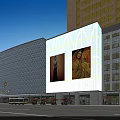 Modern Office Building with Glass Curtain Wall Night View Large Billboards Pedestrians and Vehicles