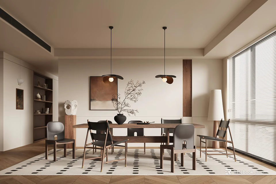 Modern Elegant Restaurant Interior With Wooden Dining Table Chairs Pendant Lights And Decorative Art 3d model 