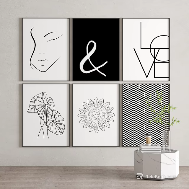 Modern Home Wall Decor with Black and White Line Art Patterns 3d model