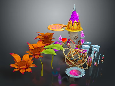 Cartoon Scene with Purple Yellow Spire Tower Orange Flowers Green Leaves and Golden Spiral Structure 3d model