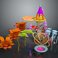 Cartoon Scene with Purple Yellow Spire Tower Orange Flowers Green Leaves and Golden Spiral Structure