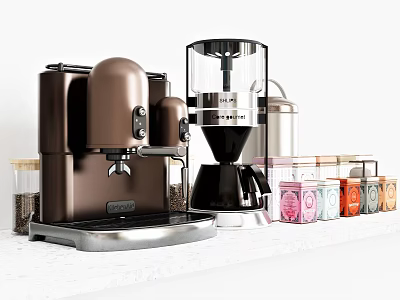 Modern Brown Coffee Machine And Black Grinder With Storage Jars On Kitchen Countertop 3d model