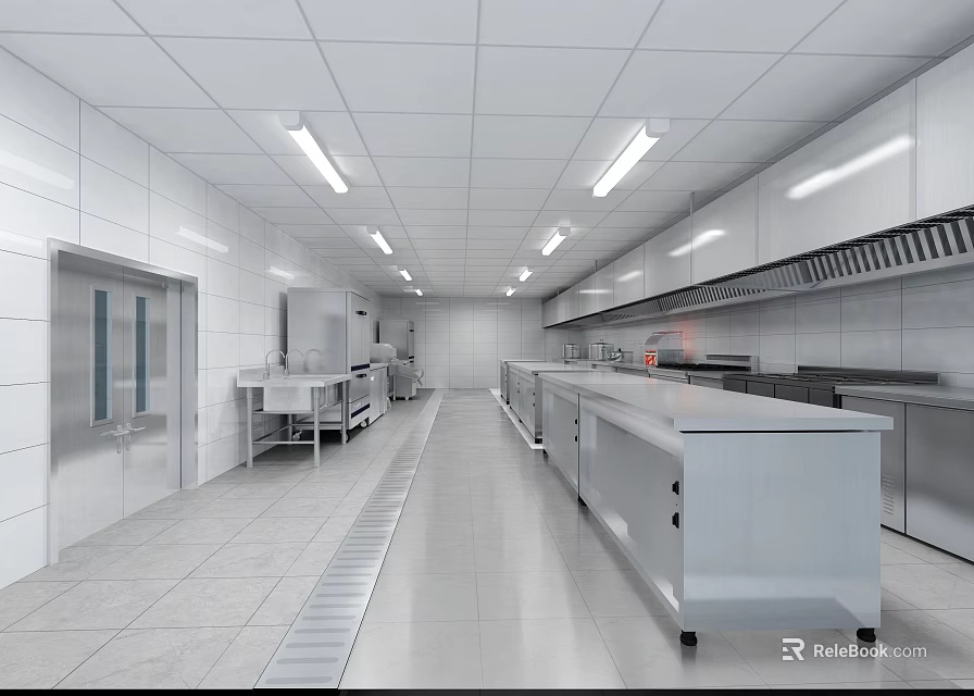 Spacious Commercial Kitchen Featuring Stainless Steel Worktables White Tile Walls And Ventilation 3d model 