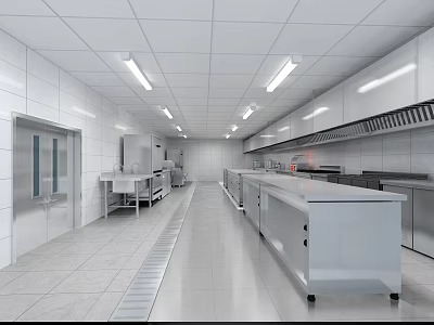 Spacious Commercial Kitchen Featuring Stainless Steel Worktables White Tile Walls And Ventilation 3d model