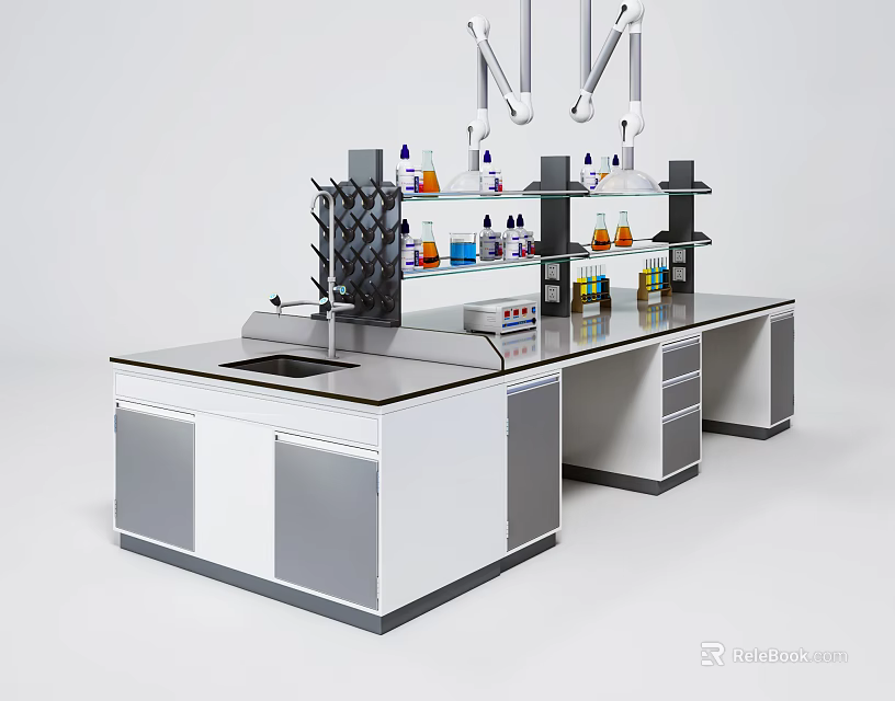 Lab Functional Workbench With Upper Shelves Holding Reagent Bottles And Lower Cabinets Drawers 3d model
