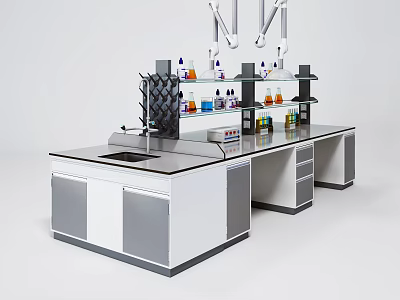 Lab Functional Workbench With Upper Shelves Holding Reagent Bottles And Lower Cabinets Drawers 3d model