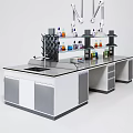 Lab Functional Workbench With Upper Shelves Holding Reagent Bottles And Lower Cabinets Drawers 3d model